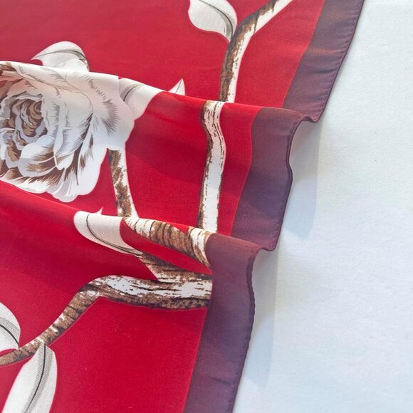 Silk Feeling Scarf Medium Square Satin Head 03 Red Flowers - Picture 3 of 7